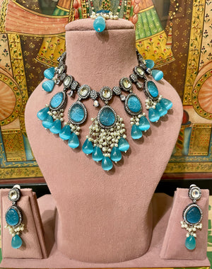 SKY BLUE MONALISA STONES VICTORIAN BRIDAL NECKLACE SET