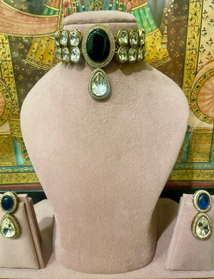 DARK BLUE MONALISA STONE NIZAM KUNDAN CHOKER SET