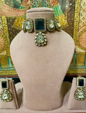 DARK BLUE NIZAM ANTIQUE KUNDAN MONALISA STONE CHOKER SET