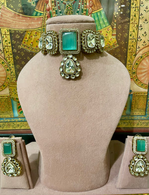 MINT GREEN NIZAM ANTIQUE KUNDAN MONALISA STONE CHOKER SET