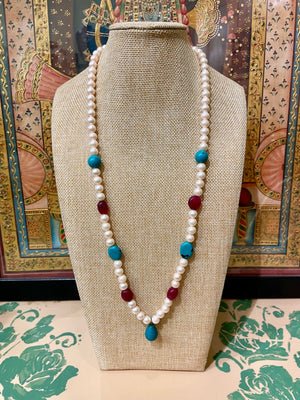 PEARL & TURQUOISE BEADS DESIGNER STRING NECKLACE