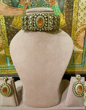 PEACH KUNDAN POLKI MONALISA STONE CHOKER SET