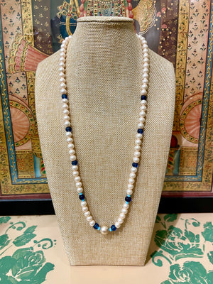 PEARL & BLUE SEMI PRECIOUS STONE BEADS STRING NECKLACE