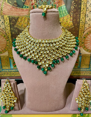 KUNDAN GOLD TONED JODHA BRIDAL NECKLACE SET (GREEN)