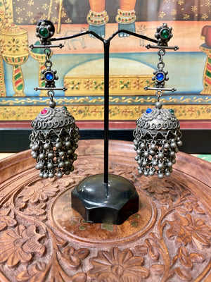 OXIDISED SILVER ANTIQUE ROYAL JHUMKI EARRINGS