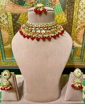 KUNDAN GOLD TONED RED DROPS CHOKER NECKLACE SET