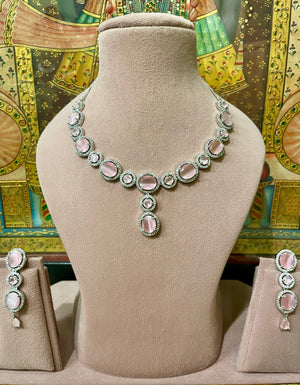 PINK MONALISA STONES AMERICAN DIAMOND (AD) DESIGNER NECKLACE SET