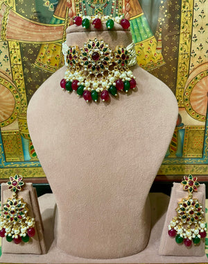 GREEN & MAROON KUNDAN PEARL CHOKER SET