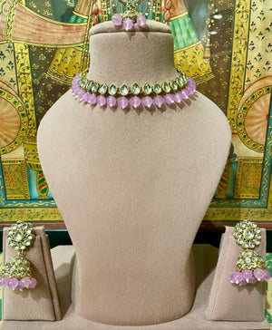 LAVENDER SLEEK GOLD PLATED KUNDAN LEAF DESIGN SET