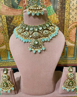 SKY BLUE TRADITIONAL JODHA KUNDAN BRIDAL NECKLACE SET