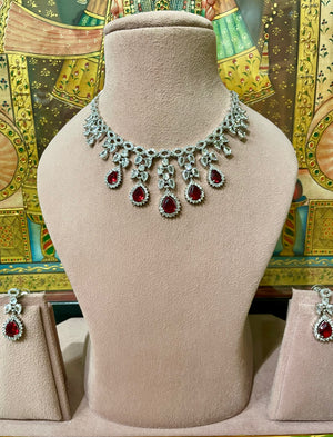 RED RUBY AMERICAN DIAMOND (AD) ROYAL DESIGNER NECKLACE SET