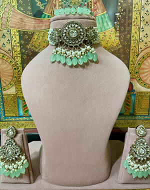 MINT GREEN GOLD PLATED KUNDAN MOISSANITE ETHNIC CHOKER SET