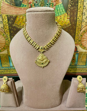 GREEN MAA LAXMI TEMPLE JHUMKI NECKLACE SET