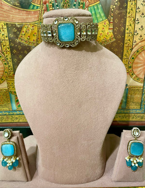 SKY BLUE MONALISA STONE KUNDAN INDO WESTERN CHOKER SET