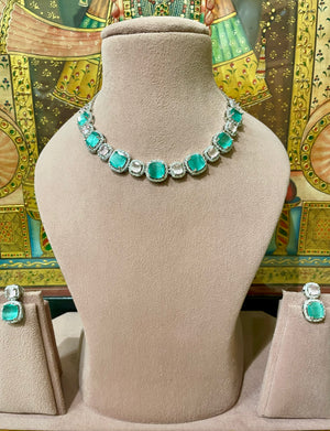 MINT GREEN & PINK MONALISA STONE AMERICAN DIAMOND (AD) NECKLACE SET