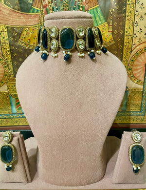 DARK BLUE MONALISA STONES KUNDAN DESIGNER CHOKER SET