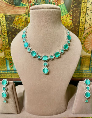 MINT GREEN MONALISA STONES AMERICAN DIAMOND (AD) DESIGNER NECKLACE SET