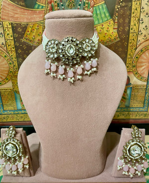 KUNDAN POLKI SOFT PINK PEARL CHOKER NECKLACE SET