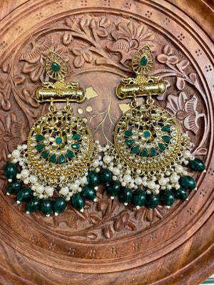 GREEN KUNDAN GOLD TONED ROYAL DANGLER EARRINGS