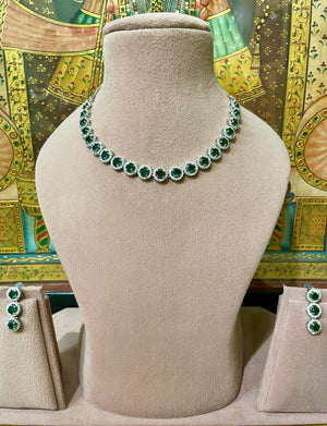 GREEN EMERALD AMERICAN DIAMOND (AD) SLEEK NECKLACE SET