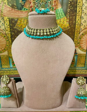 TURQUOISE GOLD TONED CHOKER NECKLACE SET