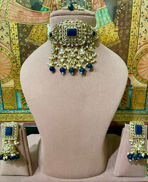 DARK BLUE NIZAM KUNDAN GOLD PLATED ETHNIC CHOKER SET