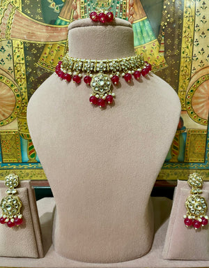 DARK PINK GOLD PLATED KUNDAN PENDANT NECKLACE SET