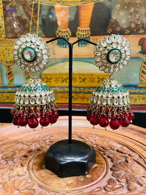 MAROON POLKI JHUMKI EARRINGS