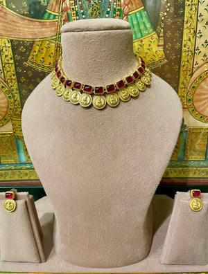 RED TRADITIONAL MAA LAXMI SOUTH INDIAN NECKLACE SET