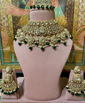 GREEN GOLD PLATED JODHA KUNDAN BRIDAL SET