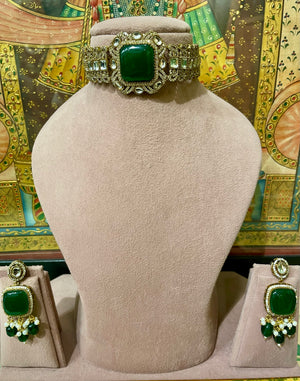 GREEN MONALISA STONE KUNDAN INDO WESTERN CHOKER SET