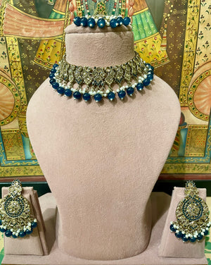 DARK BLUE GOLD TONED ETHNIC NECKLACE SET