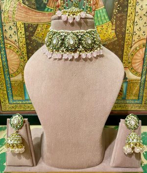 KUNDAN POLKI PINK CHOKER NECKLACE SET