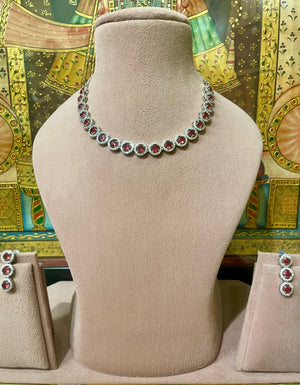 RED RUBY AMERICAN DIAMOND (AD) SLEEK NECKLACE SET