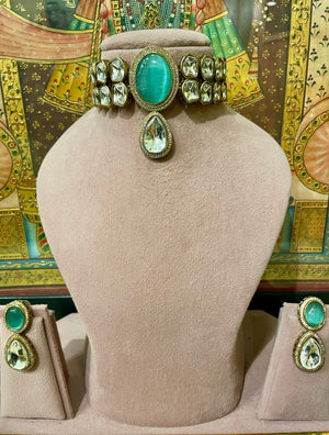 MINT GREEN MONALISA STONE NIZAM KUNDAN CHOKER SET