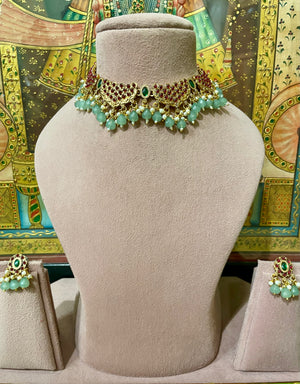 MINT GREEN TRADITIONAL KEMP STONES SOUTH INDIAN NECKLACE SET