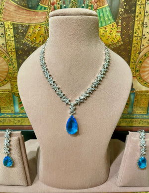 BLUE MONALISA STONE AMERICAN DIAMOND (AD) FLORAL NECKLACE SET
