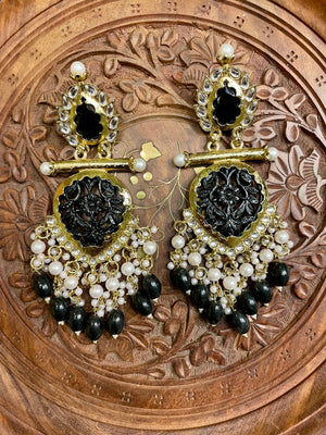 BLACK STONES GOLD TONED ROYAL DANGLER EARRINGS