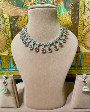 RED RUBY AMERICAN DIAMOND (AD) DESIGNER NECKLACE SET