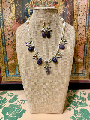 KUNDAN & BLUE LAPIS SEMI PRECIOUS STONE NECKLACE SET