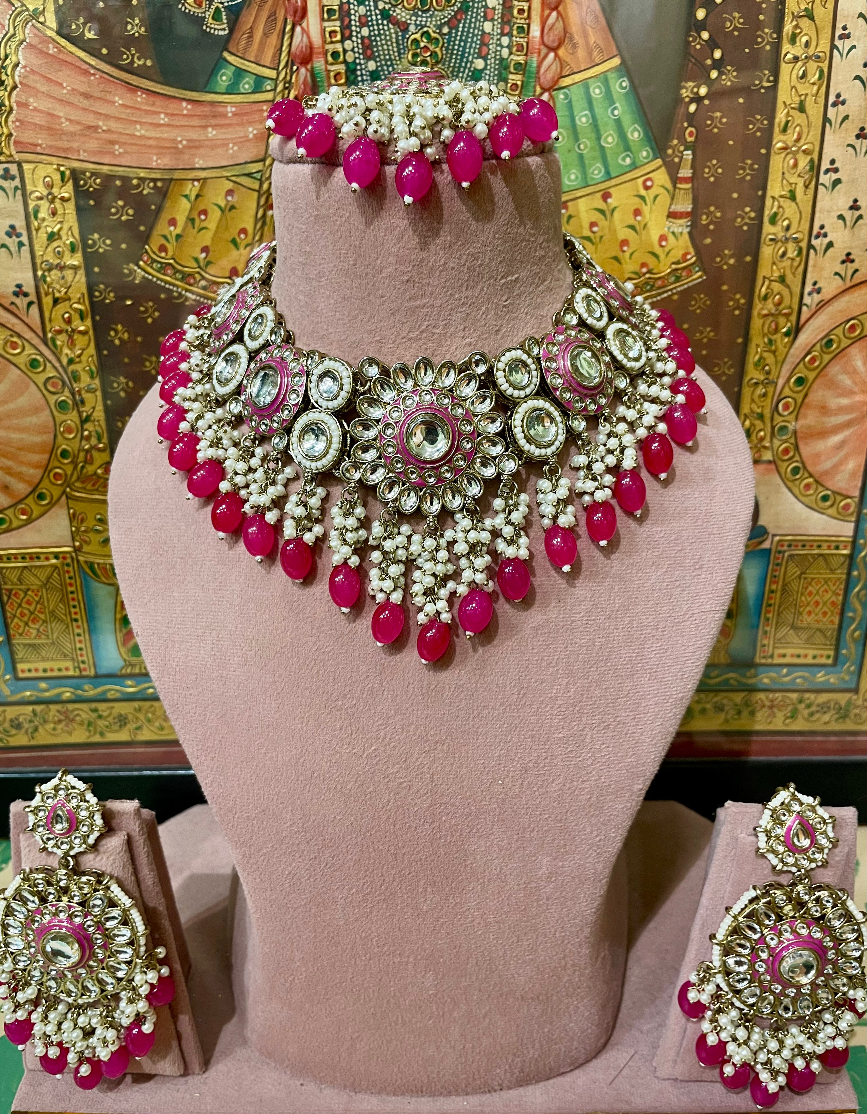 VICTORIAN KUNDAN BRIDAL NECKLACE SET (DARK PINK) – Shristi Jewellery