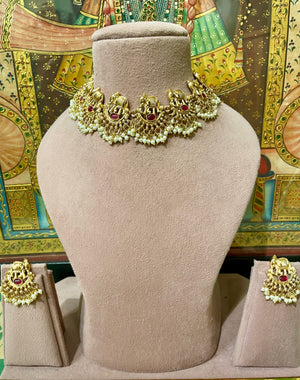 RED TRADITIONAL SOUTH INDIAN GOLD PLATED PEARL NECKLACE SET