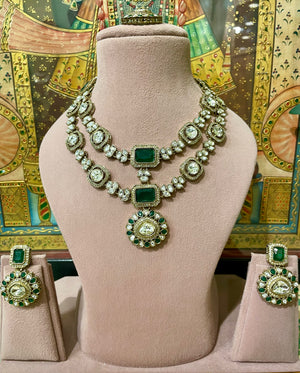 GREEN MOISSANITE TYAANI KUNDAN DOUBLE LAYER BRIDAL NECKLACE SET