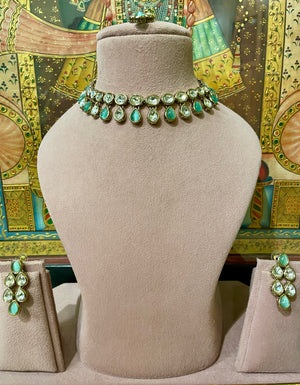 MINT GREEN GOLD PLATED KUNDAN DESIGNER NECKLACE SET
