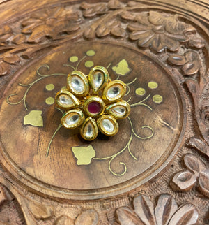 GOLD TONED MEENA KUNDAN COCKTAIL PARTY RING (RED)