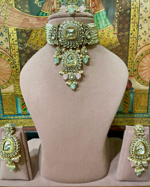 MINT GREEN & PINK NIZAM KUNDAN ANTIQUE TONED CHOKER SET