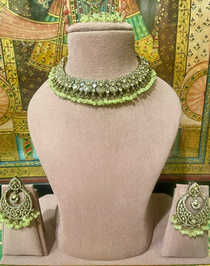 OLIVE GREEN GOLD TONED ETHNIC NECKLACE SET