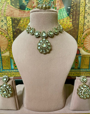 GOLD PLATED KUNDAN MOISSANITE PENDANT DESIGNER NECKLACE SET