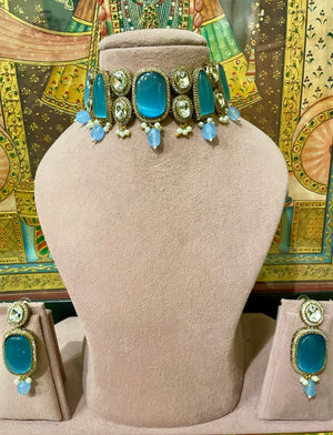 TURQUOISE BLUE MONALISA STONES KUNDAN DESIGNER CHOKER SET