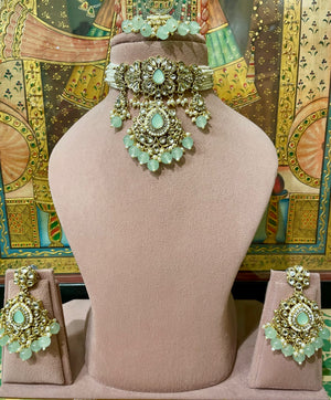 MINT GREEN KUNDAN GOLD PLATED ETHNIC CHOKER SET